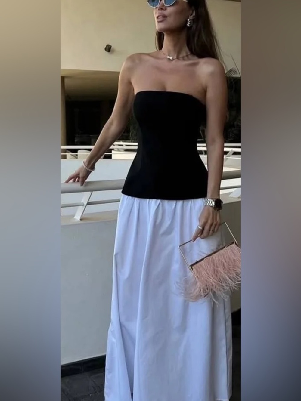 zara strapless poplin white and black dress Sz M